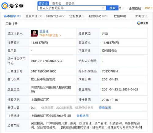 史玉柱被冻结股权,爱企查显示 数额超1亿元